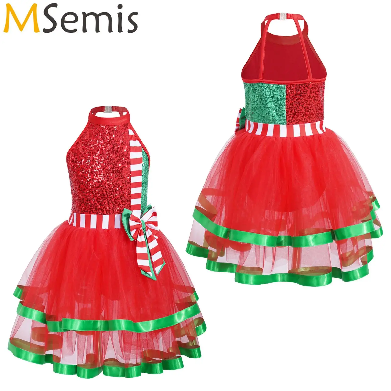 

Girls Christmas Leotard Dance Costume Sequins Tulle Ballet Tutu Dance Dress Figure Ice Skating Stage Performance Outfit for Kids
