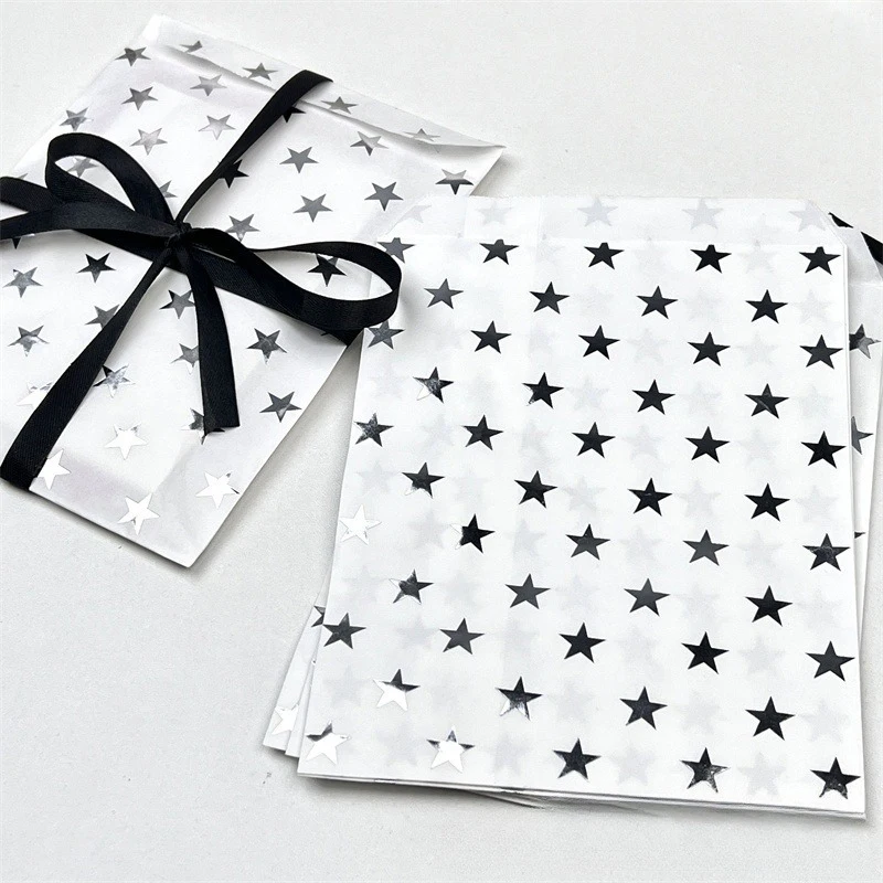 Organza Gift Bags Party Gift Bags 10Pcs Card Out Kraft Paper Packaging Bag Simple Silver High-End Star Hot Stamping Paper Bag Gift Packaging