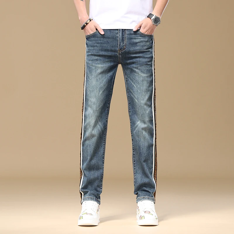 2024Summer Stripes High-End Men's Straight Jeans Blue Embroidery Loose Elastic Fashion Wide-Leg Trousers