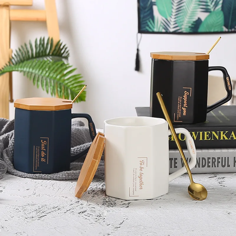 

Simple ceramic cup Nordic wind diamond mug creative octagonal coffee cup with spoon gift cup.
