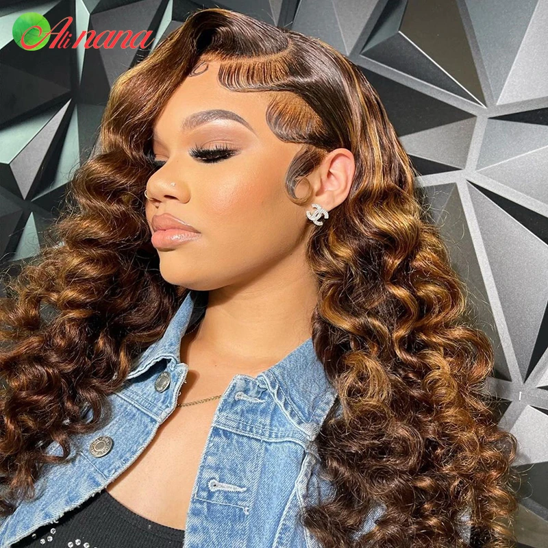 Perruque Deep Wave Lace Front Wig naturelle, cheveux humains, brun roux ombré, cuivre, orange, avec baby hair, pour femmes