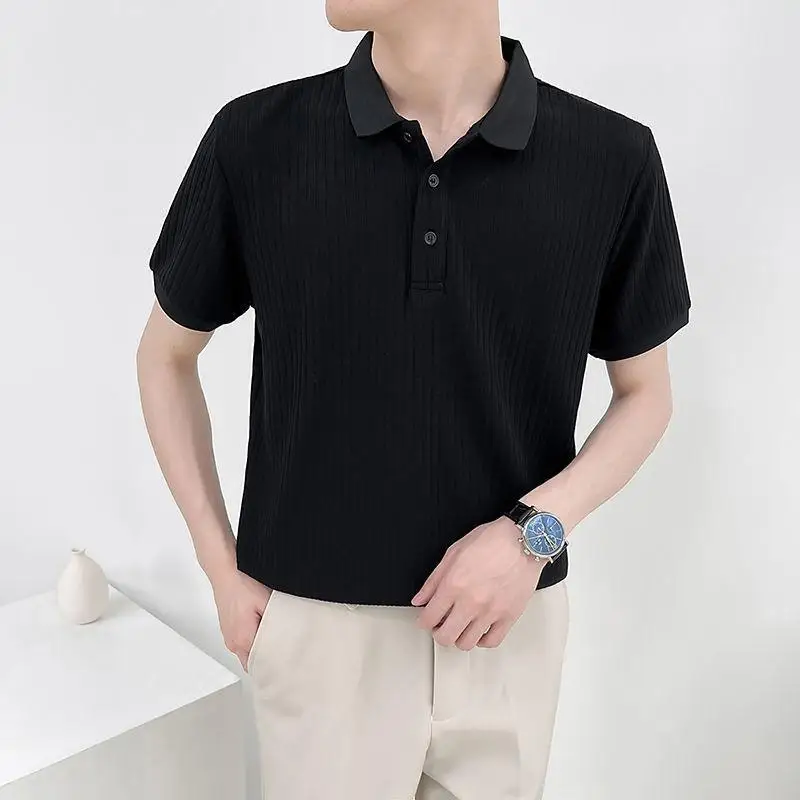 thumbnail image 1 of Polos de manga corta de verano para hombre, camisetas de color liso con cuello vuelto, camisetas holgadas informales con botones a rayas para hombre, 1 of 5