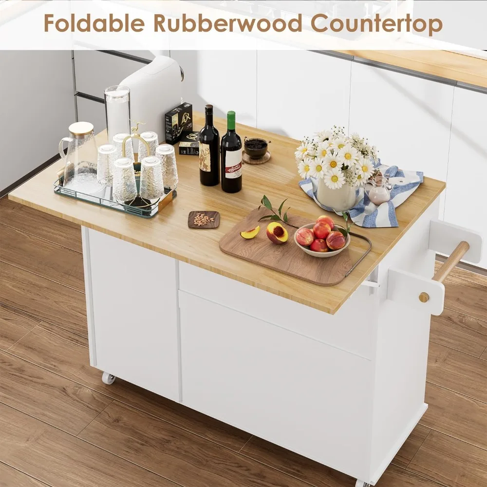 Kitchen Island with Storage, Island Table on Wheels with Drop Leaf, Spice Rack, Drawer, Towel Rack, Rolling Kitchen Island Cart 4