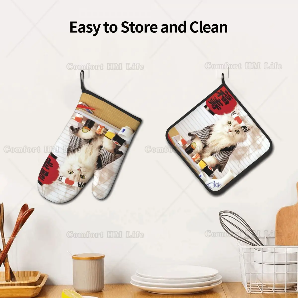 Sushi Cat Japanese Cute Funny Kitten Oven Mitts and Pot Holders Heat Resistant Oven Gloves Safe Cooking Baking Grilling