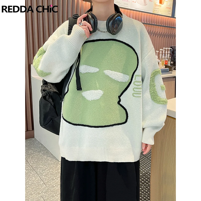 

REDDACHIC Green Masked Men Knitted Jumper Flocked Raver Sweater Top Casual Winter Long Sleeves Y2k Pullover Hipster Y2k Knitwear