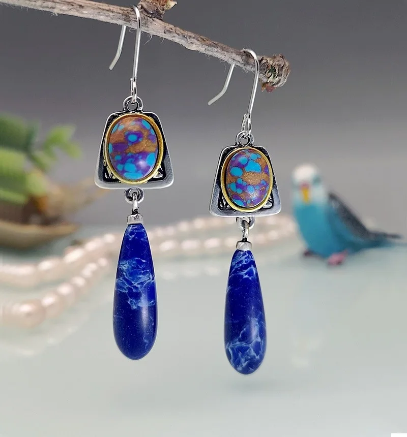Dangle Earrings Drop Earrings Pendant Earrings Long Earrings Dome Teardrop Earrings Bohemian Style Lapis Lazuli stone Dangle Hook Earrings Wedding Engagement Earrings for Women