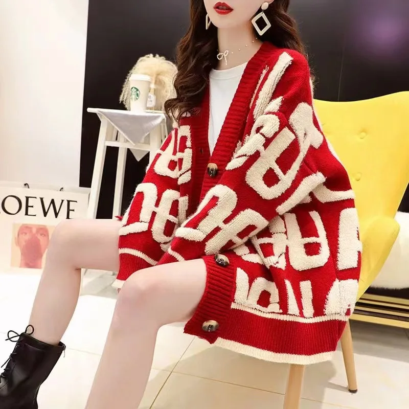 

EBAIHUI New Fashion Women's Sweater Korean Edition Versatile Printed Ladies Knitwear Autumn Winter V-Neck Loose Cardigan