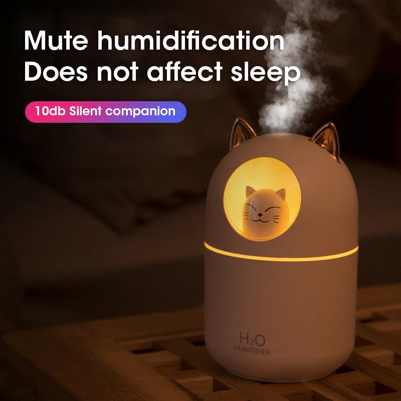 

300ml USB Humidifier Cute Pet Ultrasonic Cool Mist Aroma Air Oil Diffuser Romantic Color LED Lamp Humidificador Home Appliances