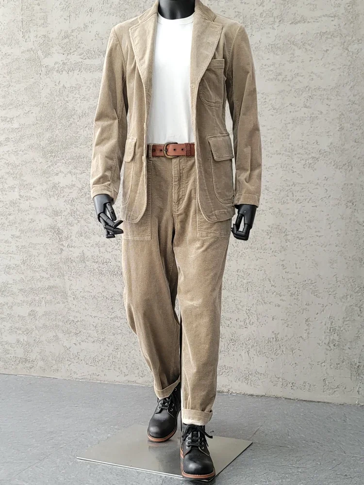 Amei Khaki Style Vintage Cotton Khaki Corduroy Cargo Wide Leg Pants Day Loose Tapered Foot Pants