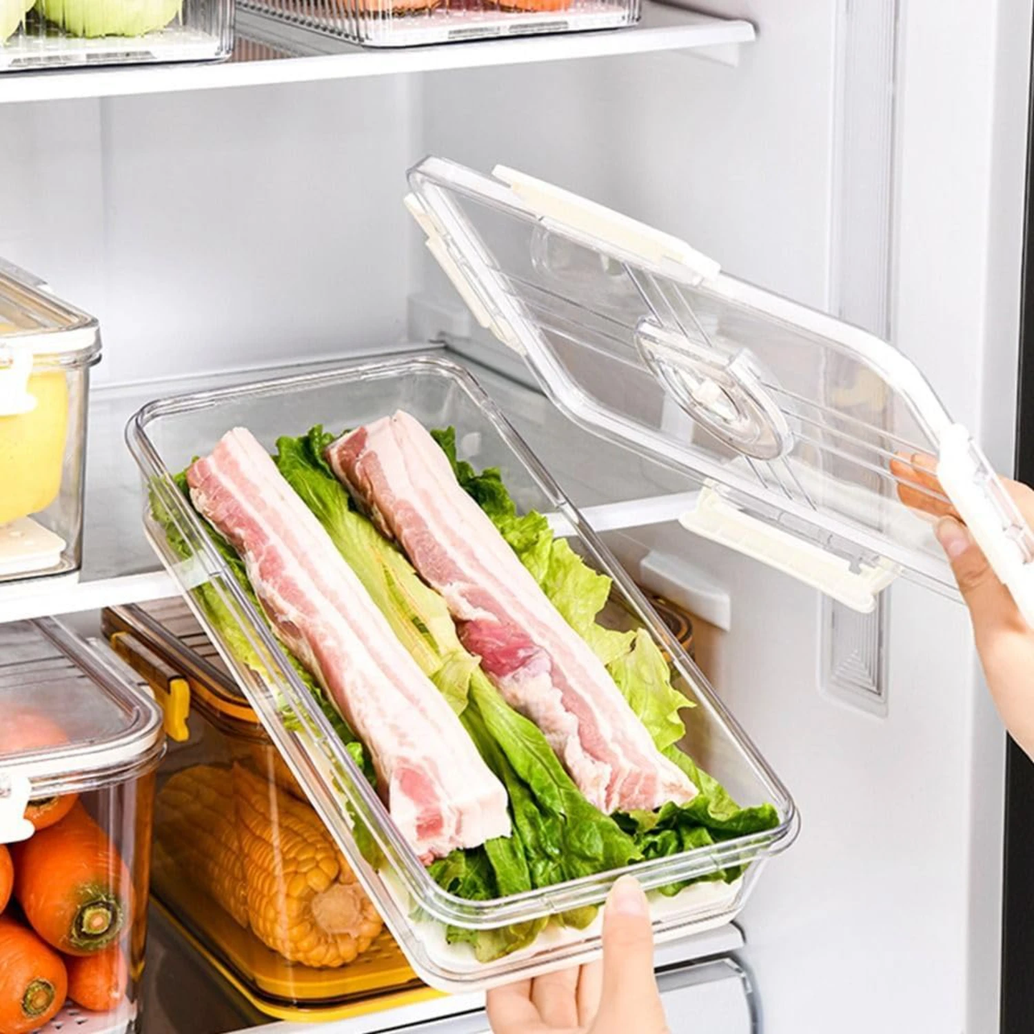 Bacon Container with Tight Lid,Plastic Meat Cheese ,Vegetable with Drain Plate,Multipurpose Food Container for Refrigerator(