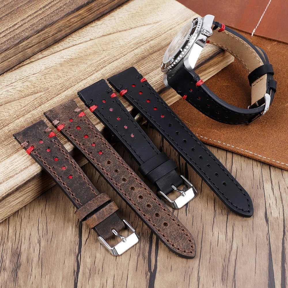 

Handmade Stitching Genuine Leather Watch Band Strap 20mm 22mm Porous Breathable Quick Release Black Coffee Watch Bands