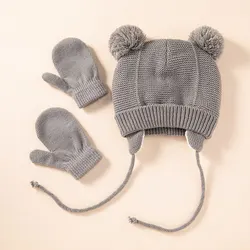 Cozy Baby Knit Gloves & Hat Set - Solid Color Ear-Protecting Beanie - 3-36 Months (GRAY)