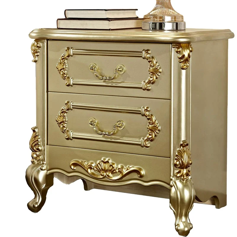 

European style bedside table modern luxury solid wood champagne gold leaf bedroom bedside cabinet