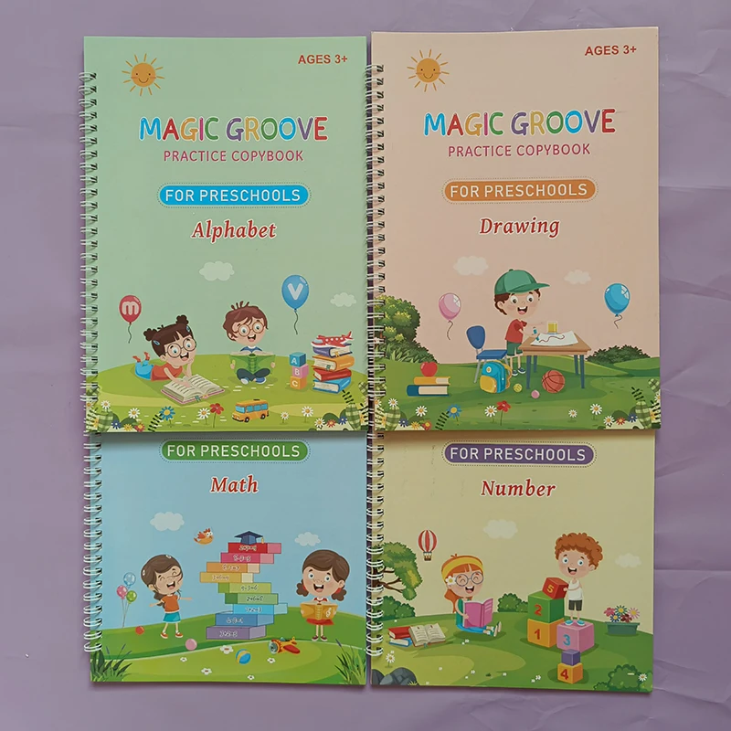 4 Books 3D Reusable Magic Copybook For Calligraphy Learn English Math Children Handwriting Practice Calligraphy Books Kids Toys