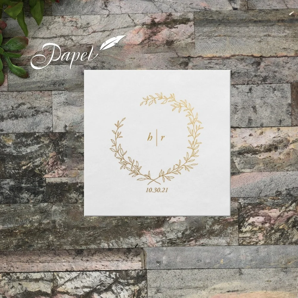 

50pcs Wreath Wedding Napkins, Personalized Eucalyptus Initial Cocktail Napkins, Line Art, Beverage or Luncheon, White or Ecru, L