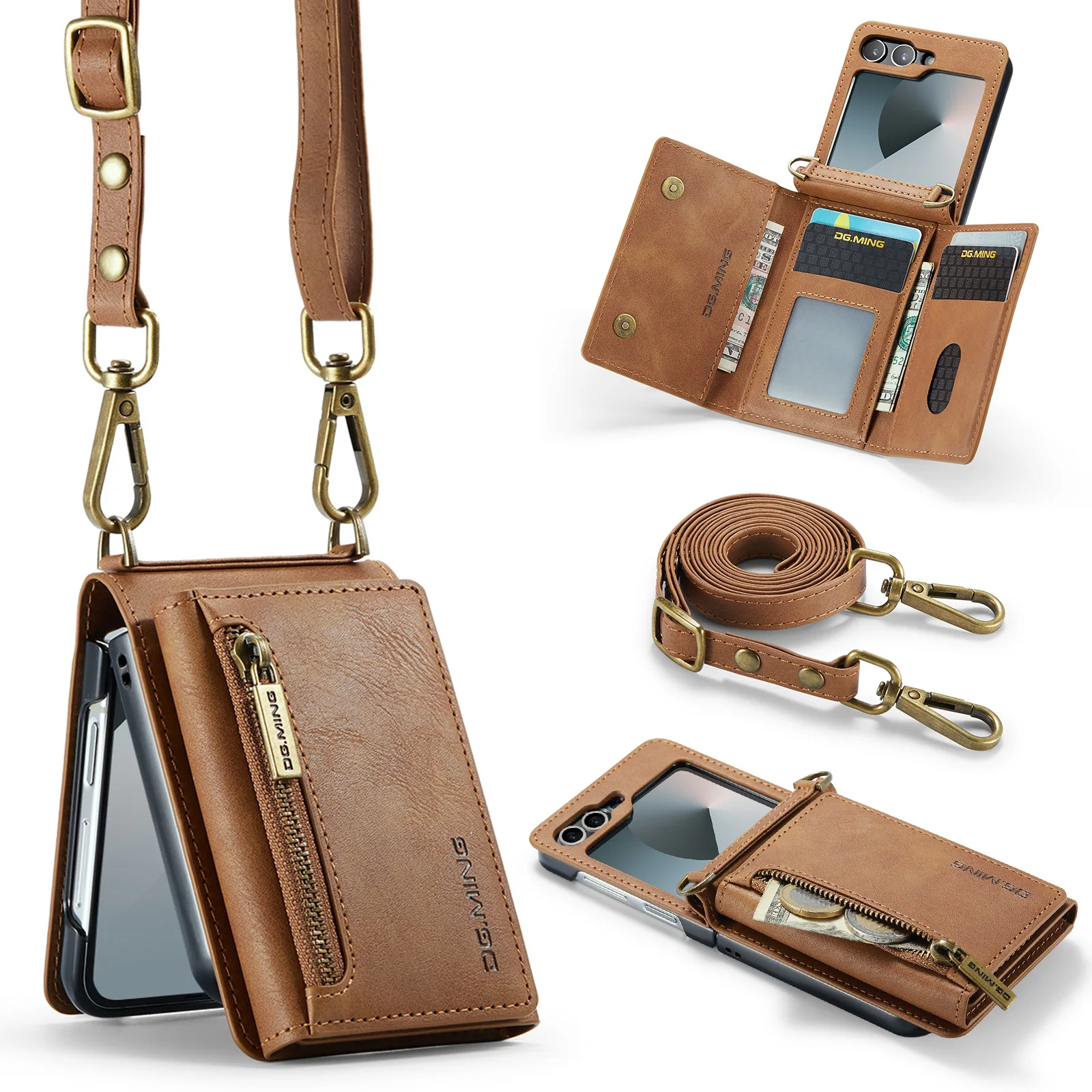 Luxury Leather Flip Phone Case with Magnetic Wallet and Zipper Lanyard