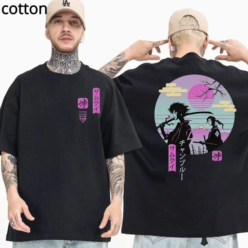 

Japanese Anime Samurai Chillhop Double Sided Graphic Print T Shirt Men's Summer Cotton Casual T Shirts Oversized Streetwear Tees