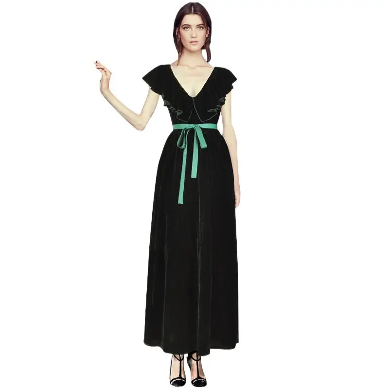 

2024 Spring sexy V-neck butterfly sleeve Elegant maxi velvet dress, Fashion long velour party dress Vestidos
