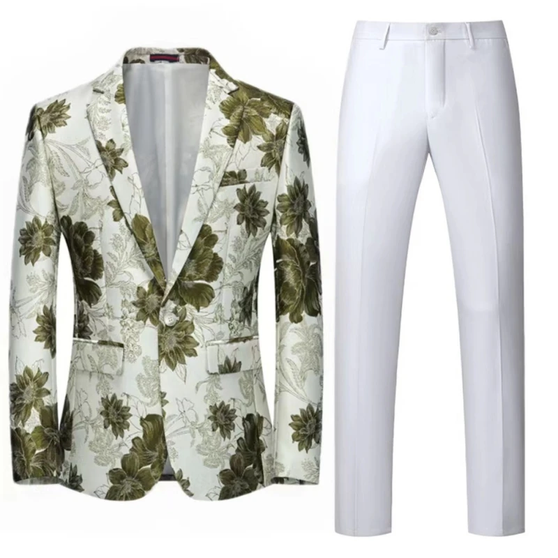 Men Suit 2 Pieces Orange Flower Pattern One Button Business Casual For Wedding Birthday Party Set Jacket And Pants