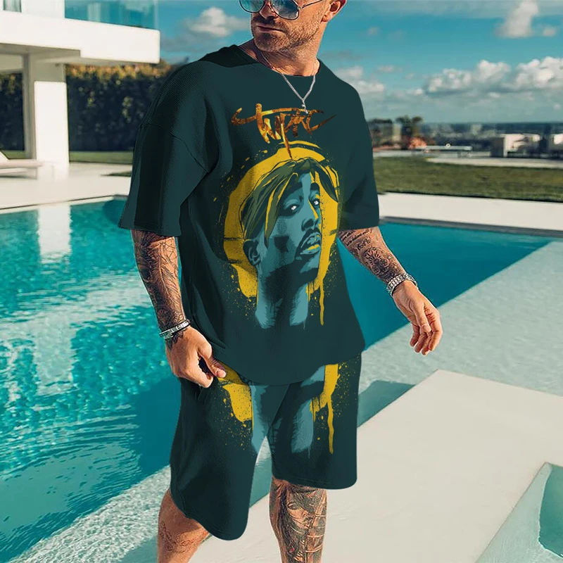 2023 Rap Singer 2pac Trendy Men T Shirt Set 3D Print Tupac Hip Hop Streetwear Oversize O-Neck Short Sleeve Tshirts Fashion Cloth 5