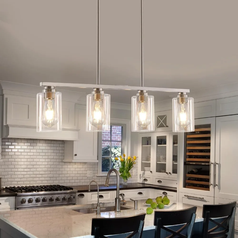 

Island Light for Kitchen, 4-Light Dining Room Light Fixture with Clear Glass Shade, Brushed Nickel Linear Chandelier