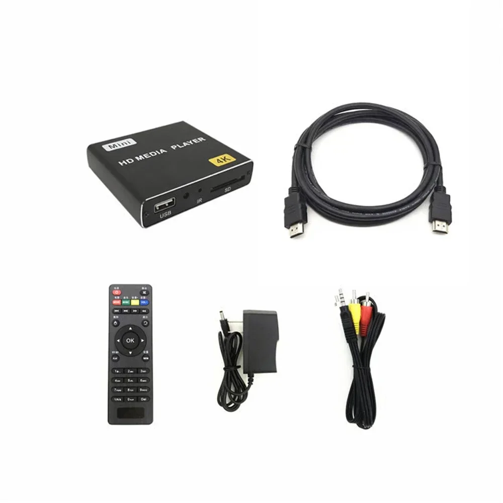 Mini leitor multimédia portátil, disco USB de suporte, HDD, MKV, H.264, 4K, Full HD, 1080P, compatível com HDMI, entrada AV, TV
