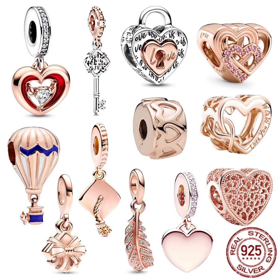 

Rose Gold Plated Original 925 Sterling Silver Intertwined Love Hearts Dangle Charm Beads Fit Pandora Bracelet DIY Women Jewelry