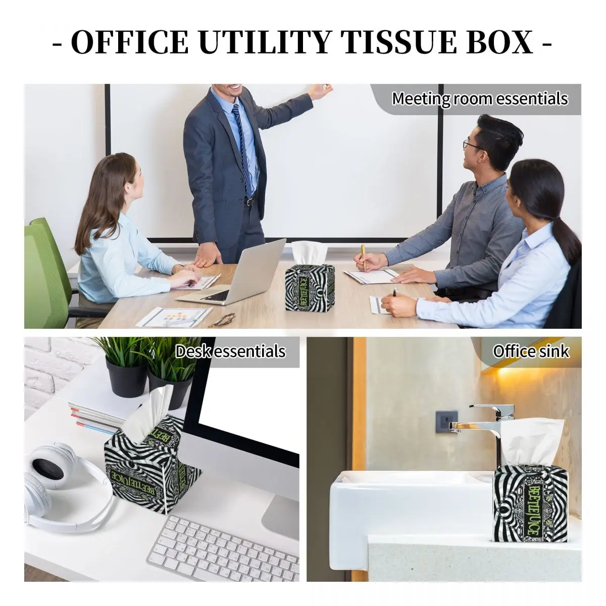 Custom Horror Movie Beetlejuices Tissue Box Cover PU Leather Square Tim Burton Style Facial Tissue Box Holder for Bathroom 6