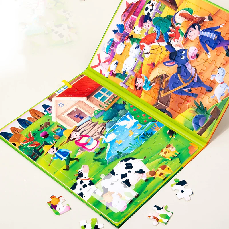 Montessori Puzzles Book Toddlers Preschool Learning Activity Wooden Jigsaw Dinosaur Animal Farm Scene  For Baby Kids 3