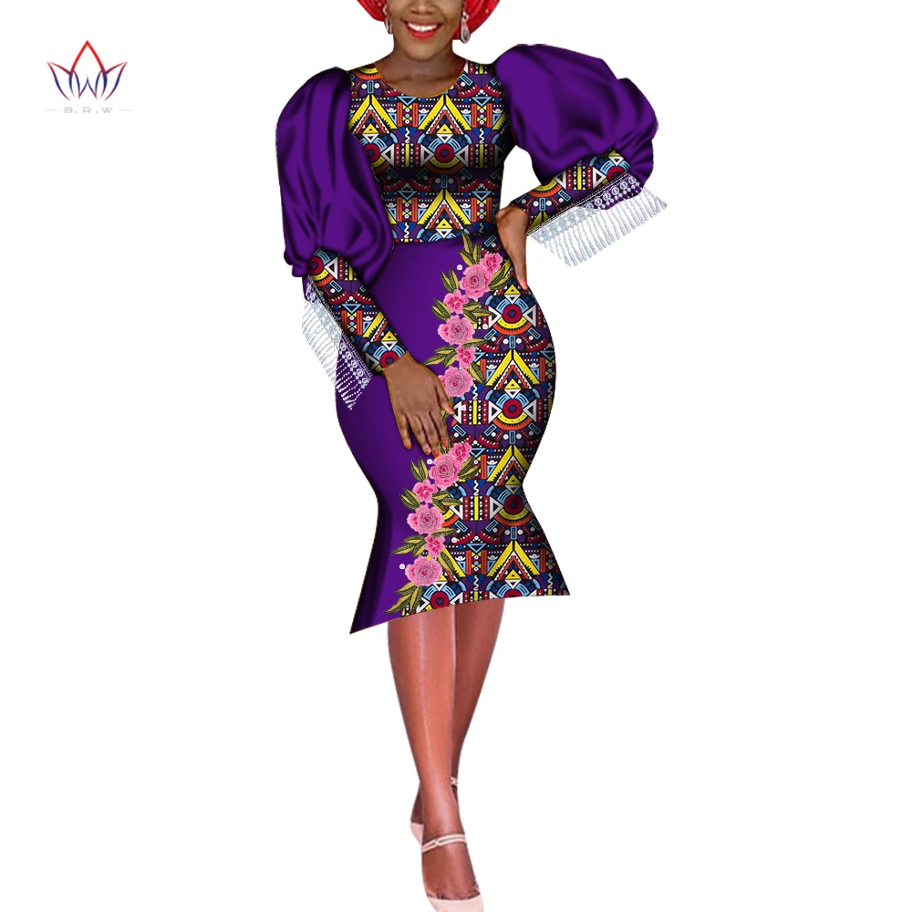 Bintarealwax African Dresses for Women Dashiki O-neck Tassels Puff Sleeve Knee Length Dress with Applique Plus Size Party WY6724