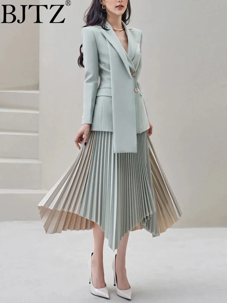 

BJTZ Office Lady Fashion Blazer Set 2024 New Women Clothing Irregular Pleated Skirts Designer Temperament Formal Female Clothes