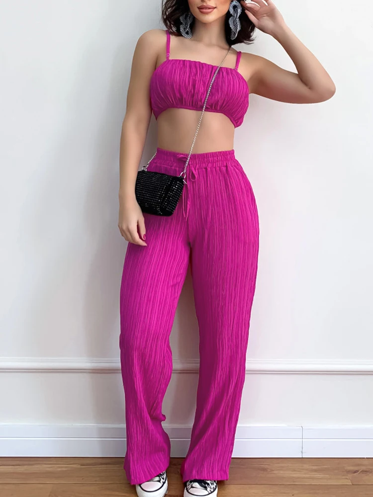 

Backless Two Pieces Sets Women Summer Solid Fashion Loungewear Short Top Wide Leg Pants Ladies Outfit Hollow Pocket Streetwear