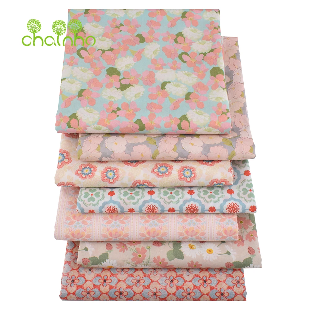 Chainho,Printed Plain Weave Poplin Cotton Fabric,DIY Quilting Sewing Material,Patchwork Cloth,Floral Series,2 Sizes,15PC219