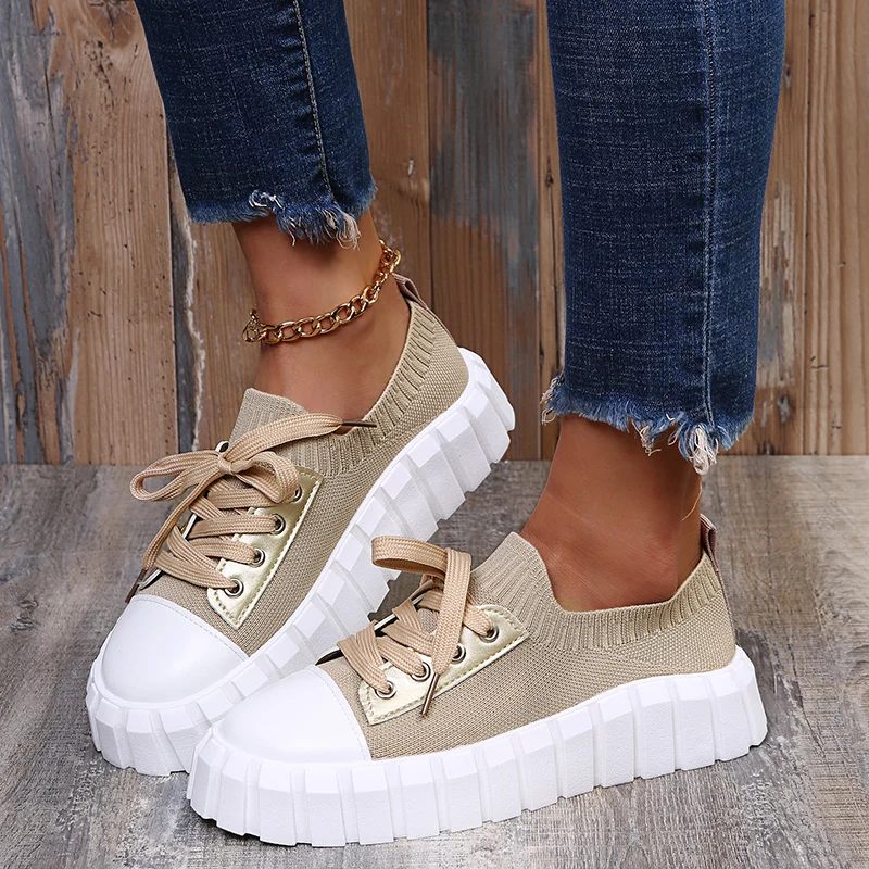 

Popular 2024 Spring/Summer/Autumn New Casual Board Shoes with Mesh Thick Sole Solid Color Lace up Fashion Women's Shoes