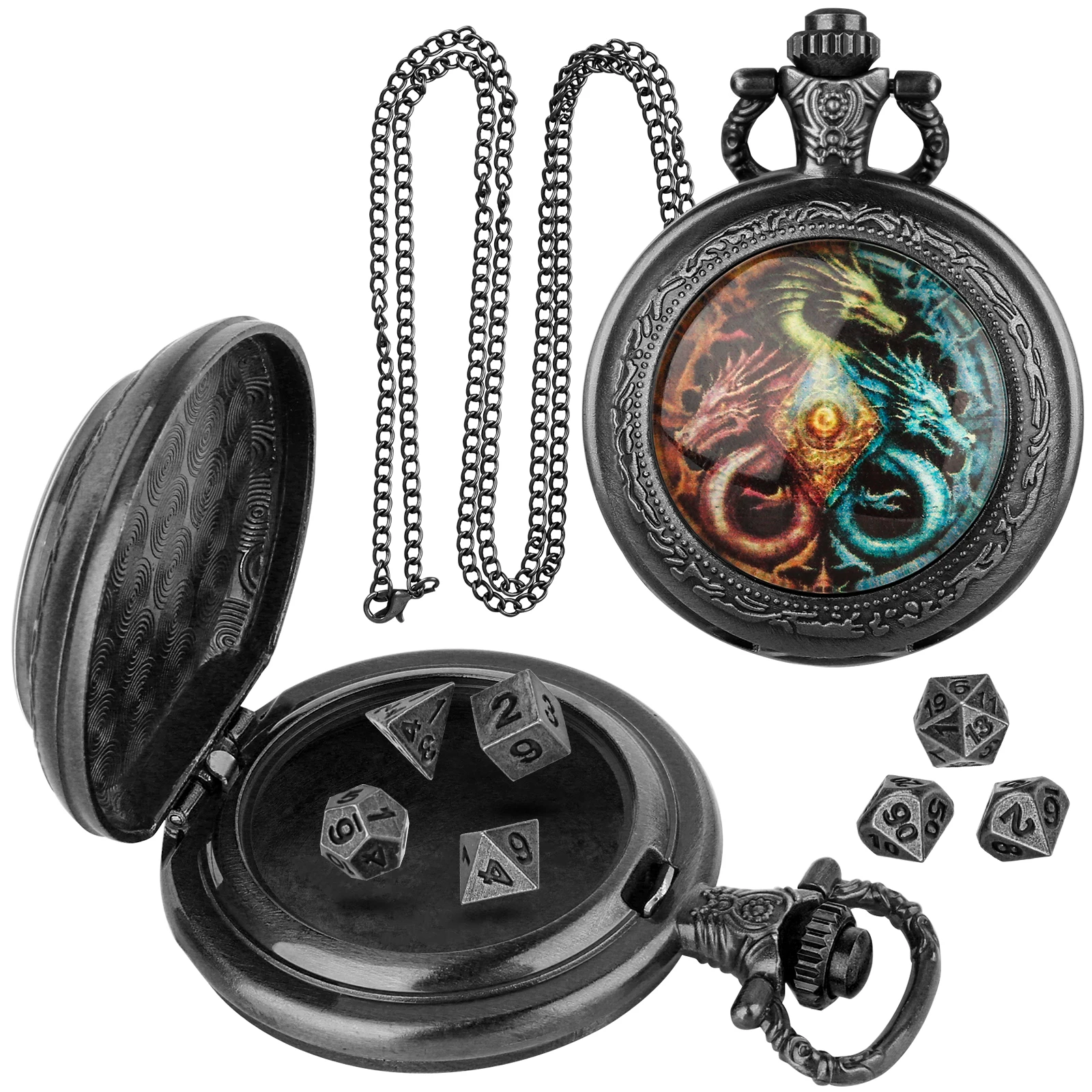 Vintage-Inspired Double Dragon DND Dice Jewelry Pocket Watch Case with 7 Metal Dice Set