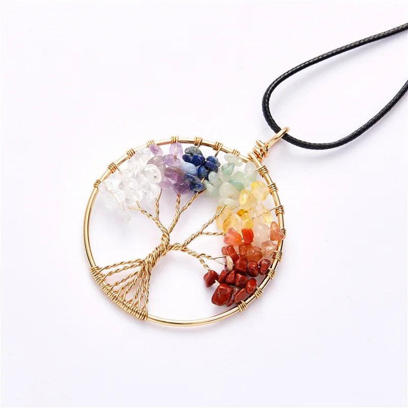 

7 Chakras 5cm Tree Of Life Pendant Necklace Heart Moon Natural Crystal Chip Beads Handmade Rope Jewelry Gift
