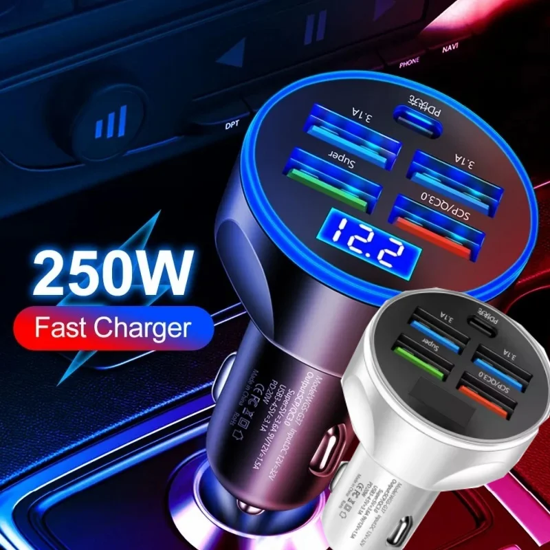 100W 6 Ports Car Charger Fast Charging PD QC3.0 USB C Car Phone Charger Type C Adapter In Car For iPhone Samsung Huawei Xiaomi