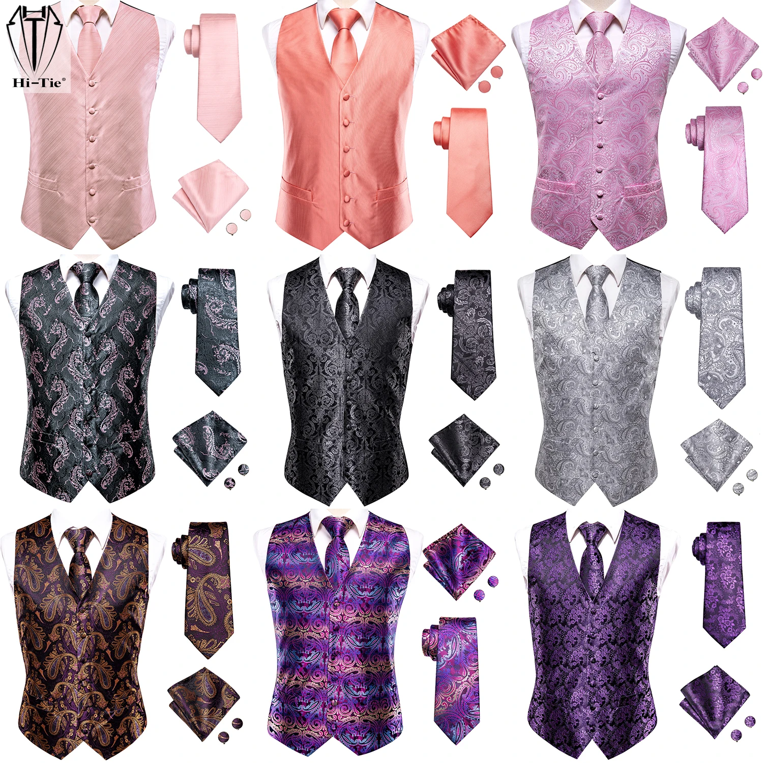 Dress Vests Silk Mens Vests Grey Black Gold Navy Blue Red Burgundy Jacquard Waistcoat Jacket NeckTie Hanky Cufflinks