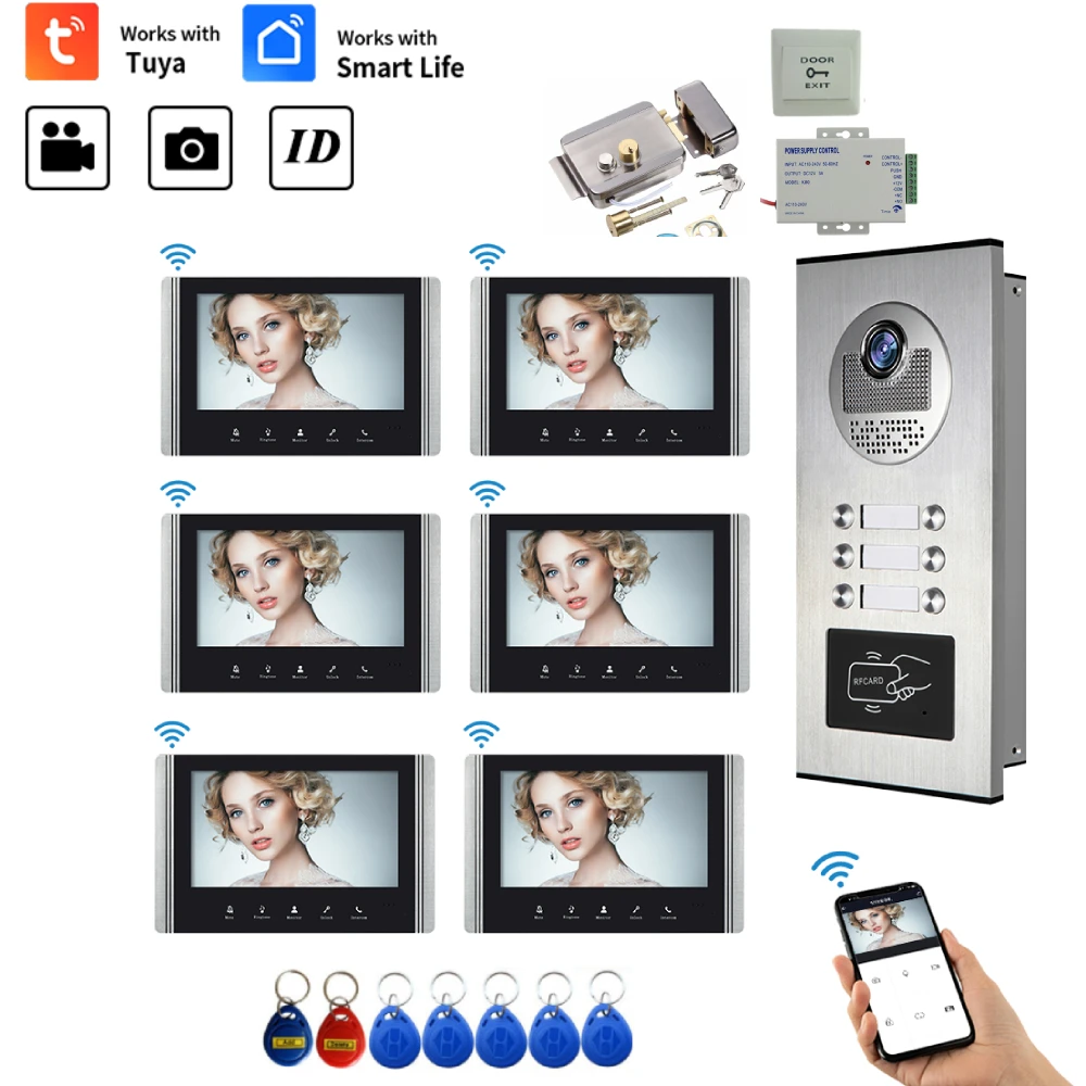

Tuya WiFi 7 inch Monitors 2/3/4/6 Apartment/Family Video Door Phone Intercom System IR Doorbell Waterproof Camera Access Control
