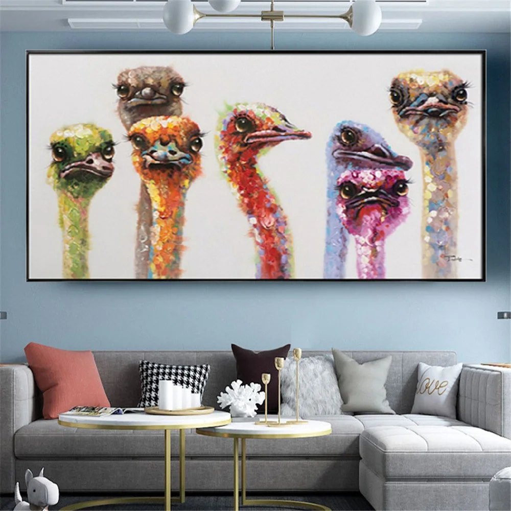 

New Arrival Wall Decor Bird Painting Humorous Comic Funny Canvas Art Handmade Modern Oil Painting Silly Ostrich Wall Art