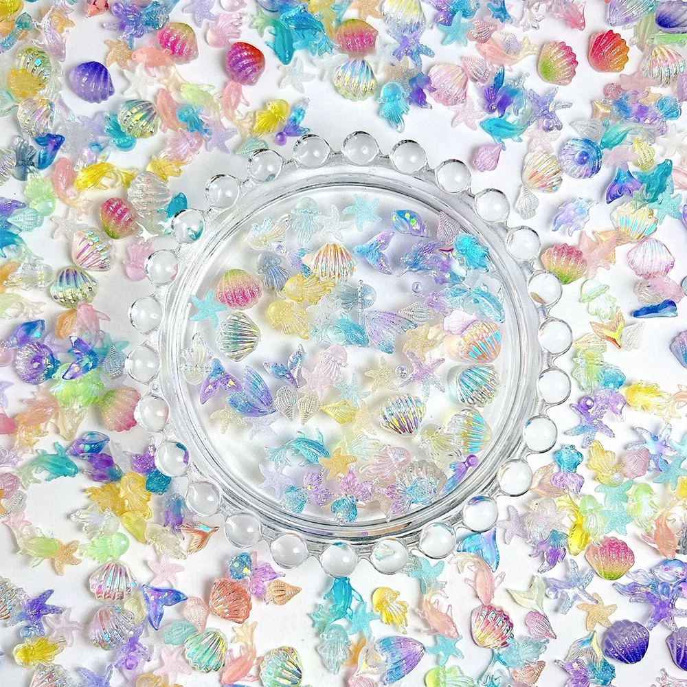 50개 3D 무지개빛 여름 바다 네일 참 장식 믹스 쉘 해파리 불가사리 네일 아트 데코레이션 DIY 비치 매니큐어 액세서리