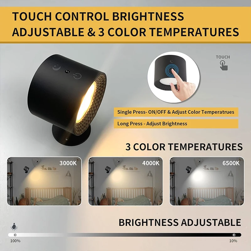 Led Wall Lamp Double Head Touch Control Remote 360 Rotatable USB Recharge Wireless Portable Night Reading Lamp