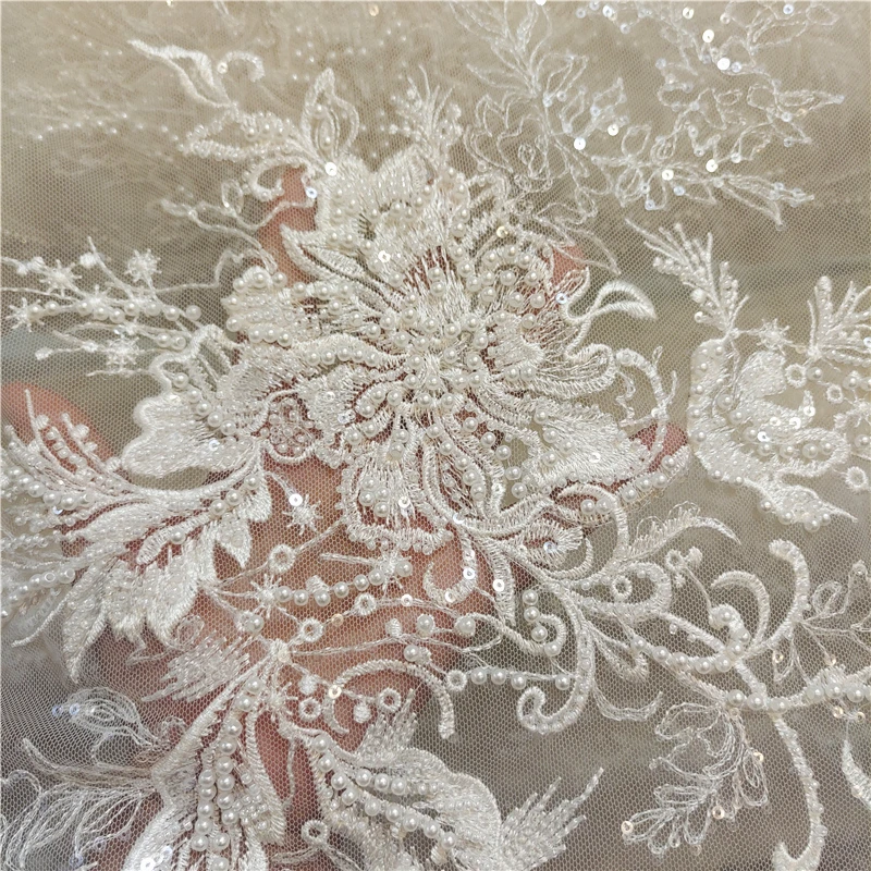 

Off white Heavy Industry Luxury Embroidery Beads Sequins Lace Fabric Wedding Veil Curtain Cheongsam DIY Accessories