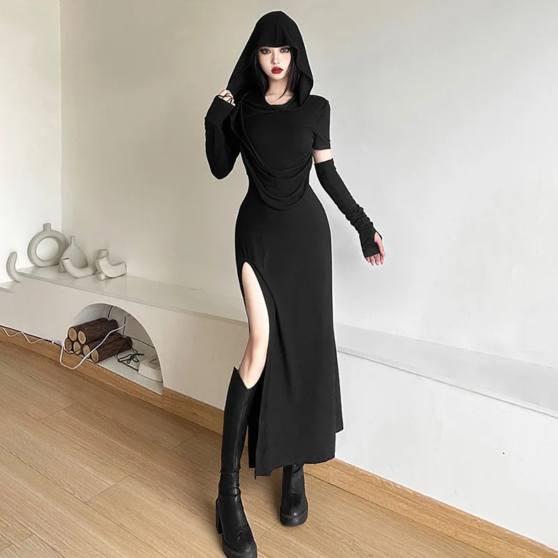 Hooded Dress Long Dress Split Off Shoulder Sleeveless Outer Sleeve