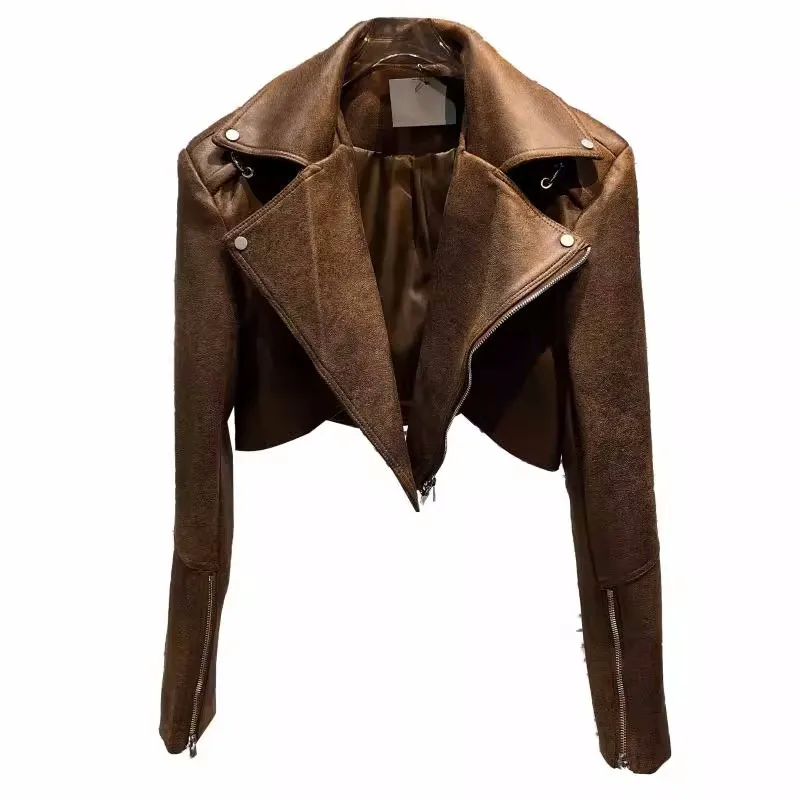 

Spring Women Faux Leather Jacket Camel Long Sleeve Lapel Zipper PU Motorcycle Short Coat Female Loose Streetwear Outerwear G2583