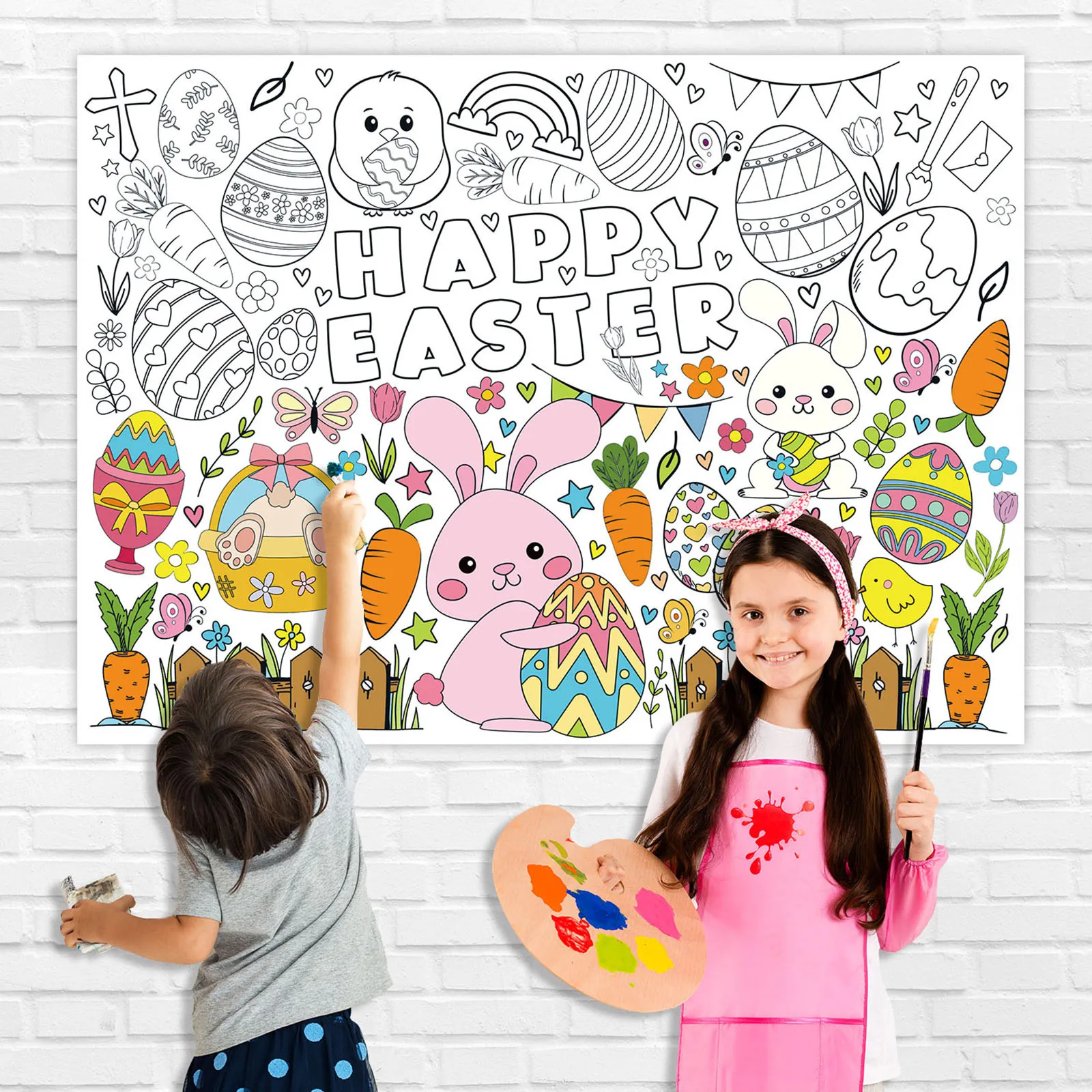 DIY Easter Coloring Poster,Happy Easter Coloring Tablecloth,Design With Easter Crafts School Activities Party Decorations 3
