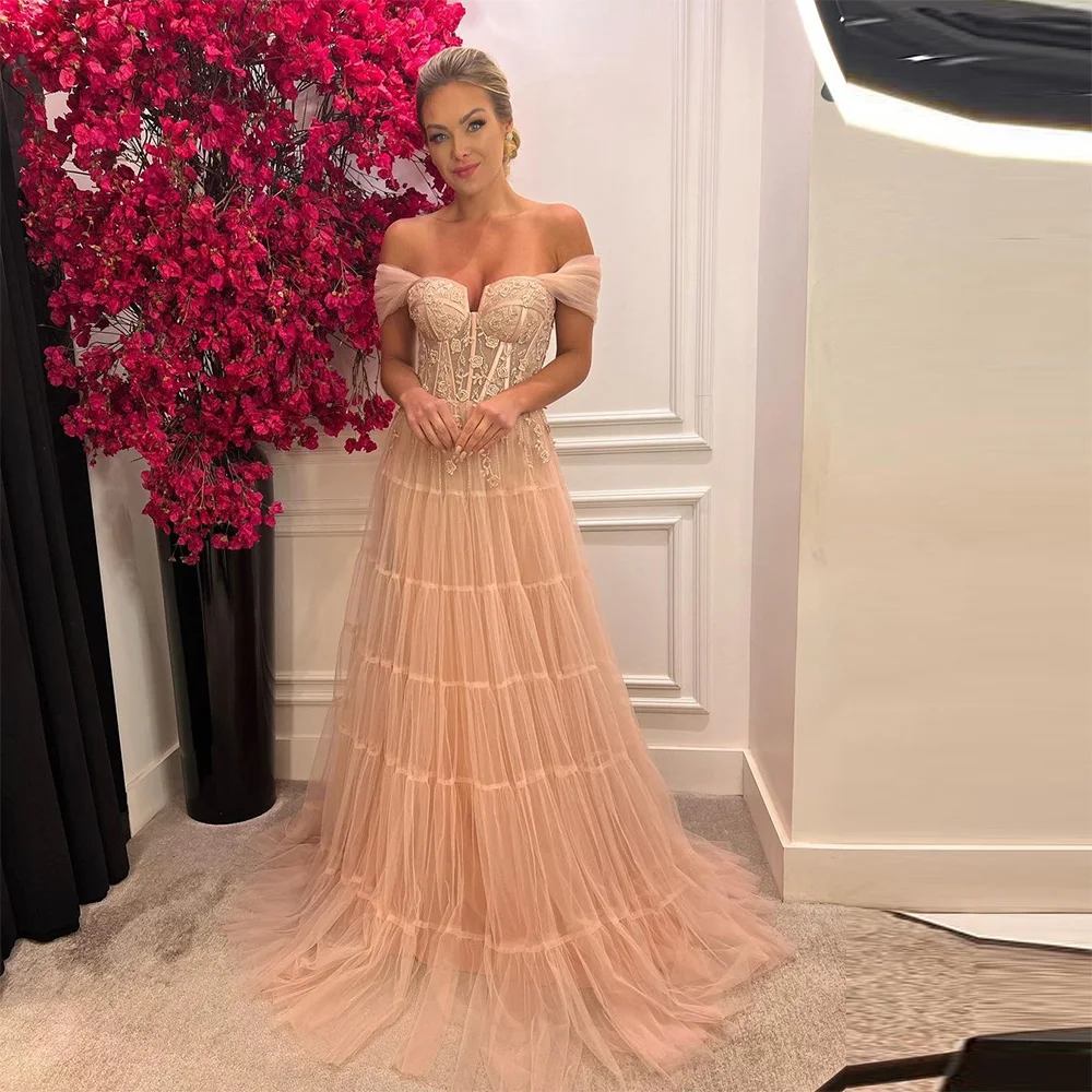 

Xijun Elegant Saudi Arabic Tulle Evening Dresses Lace Appliques Sweetheart Off the Shoulder A-Line Pleat Ruched Prom Dress 2024