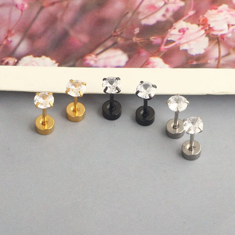 wholesales cartilage ear stud flat back screw cz crystal men ear stud clear rainbow color men earrings body piercings