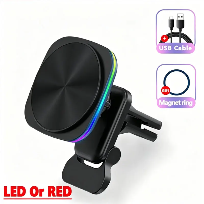 RGB LED Magnetic Wireless Charger Car Phone Holder Stand Car Mount For iPhone Pro Max Car Fast Charging Station