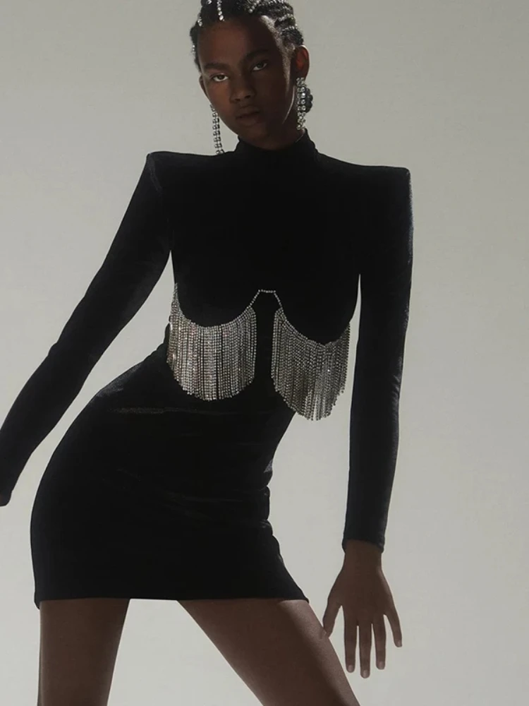 

Spring Autumn 2023 Women Black Long Sleeve Velvet Mini Dress Sexy High Neck Diamonds Tassel Bodycon Celebrity Club Party Dresses